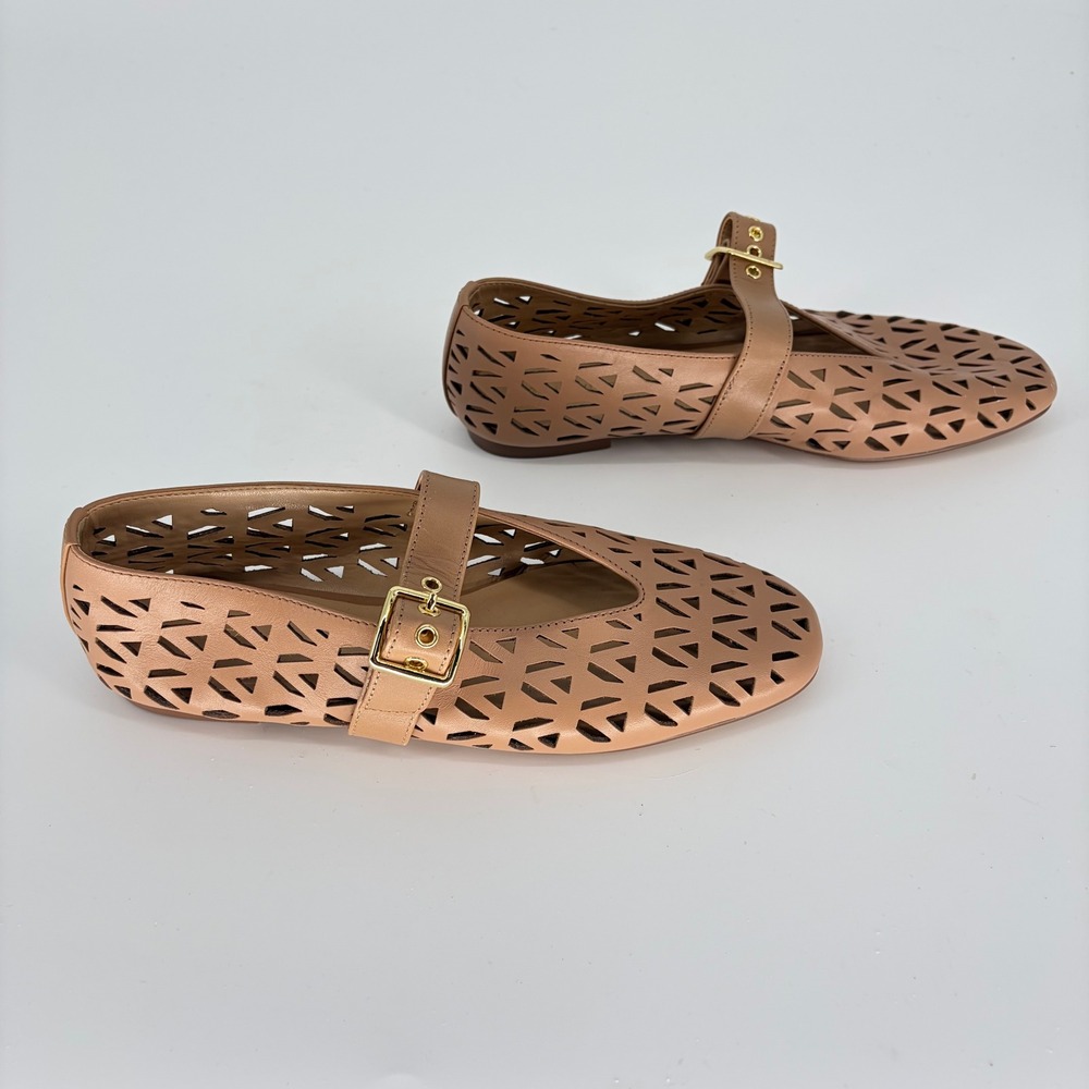 Ann Taylor Tan Leather Laser Cut Mary Jane Flats Gold Buckle Shoes Womens 6.5M - Picture 6 of 8